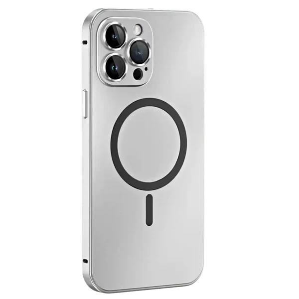 Sleek silver metal protective case for iPhone with MagSafe compatibility, offering durable phone protection.