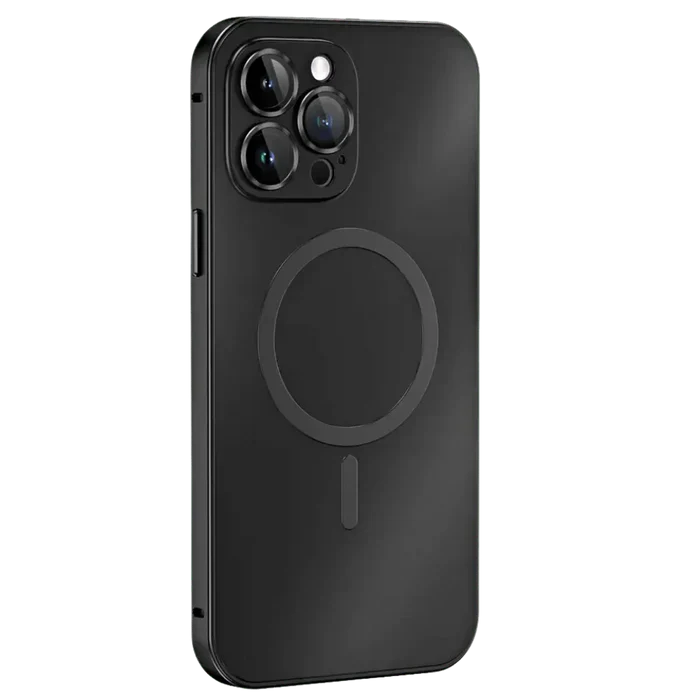 Rear view of a black metal iPhone case featuring MagSafe, highlighting its durable cover and phone protection.
