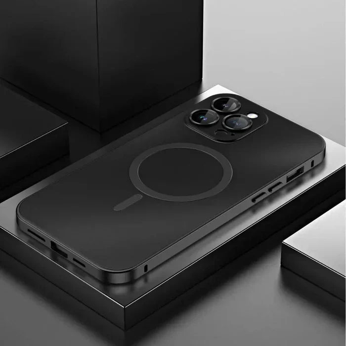 Side profile of a blue metal iPhone case with MagSafe, illustrating its durable construction and phone protection.