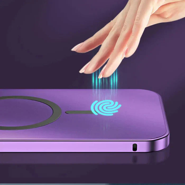 Purple metal sleek design iPhone case with MagSafe, ensuring durable and stylish phone protection.