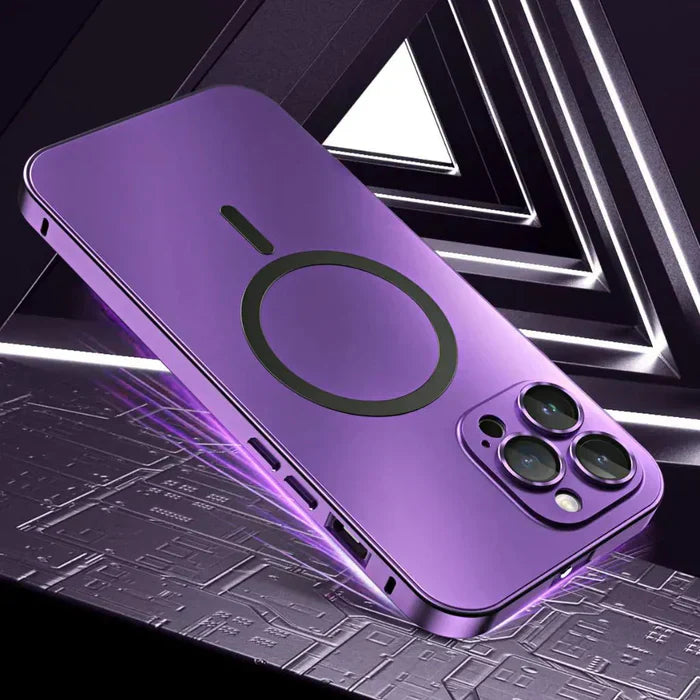 Metal protective case for iPhone in silver, black, gold, blue, and purple, all MagSafe compatible for durable protection.