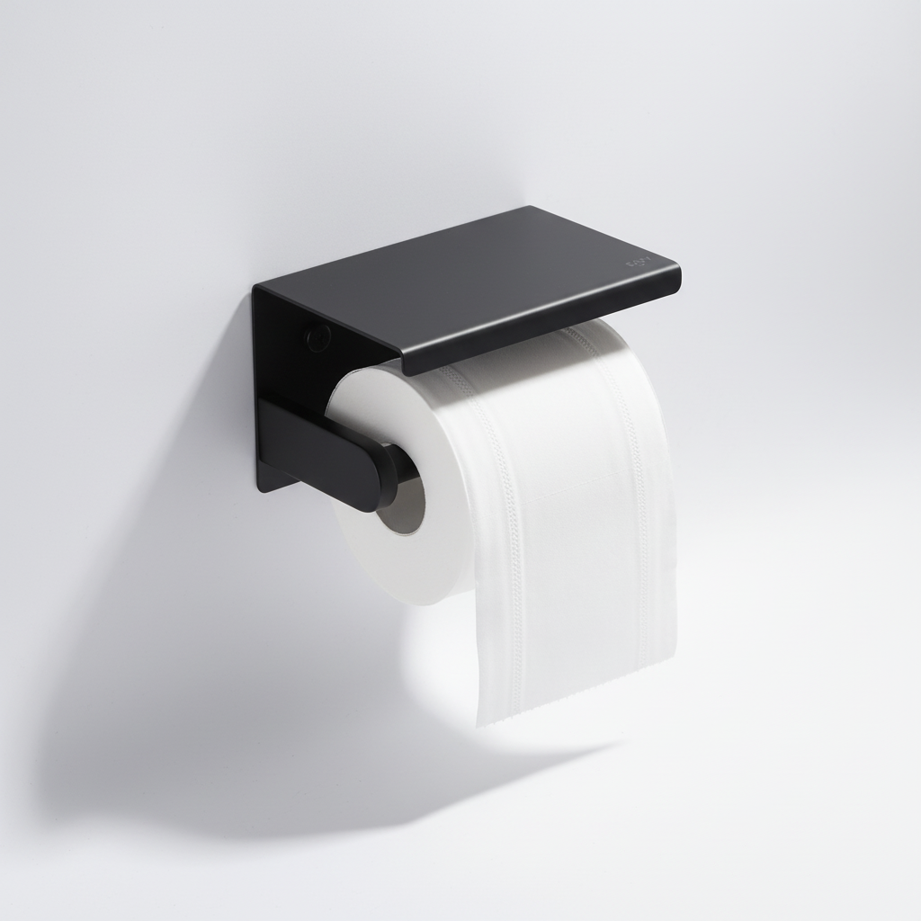 Wall-mounted toilet paper holder 'SmartShelf' made of brushed stainless steel for bathroom storage