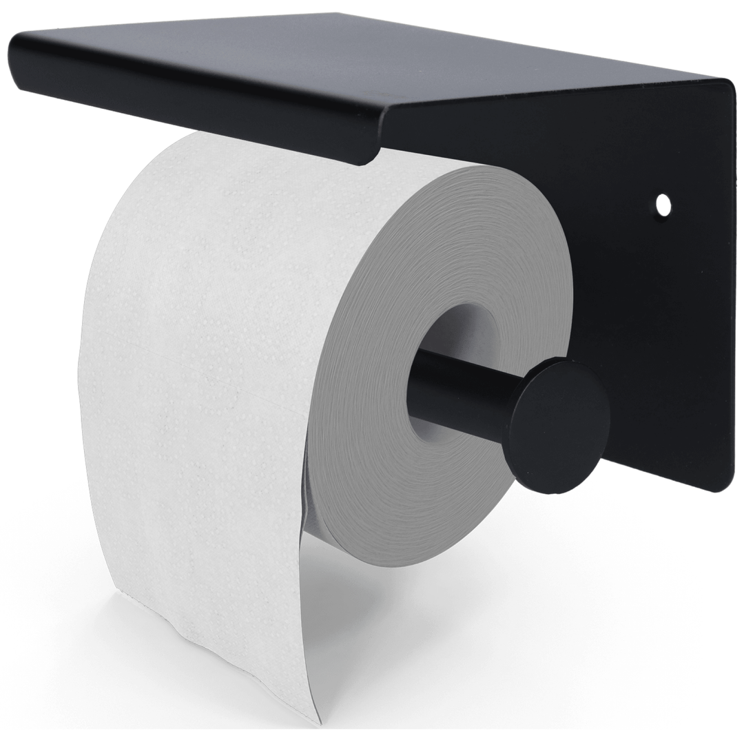 Space-saving wall-mounted toilet paper holder with handy storage shelf, ideal for contemporary bathrooms