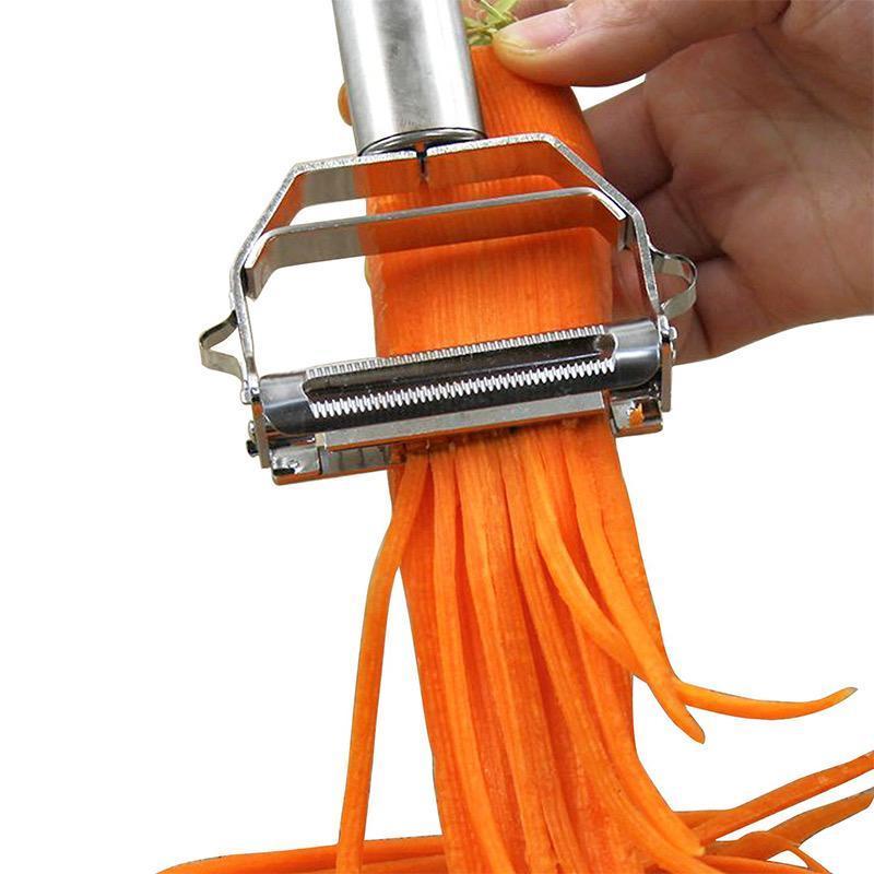 Efficient dual blade peeler and julienne slicer for fruits and vegetables. Stainless steel ergonomic design.