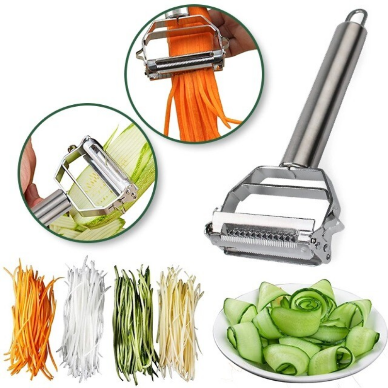 Stainless steel ergonomic dual blade peeler & julienne tool. Perfect for quick and safe kitchen fruit & veggie prep.