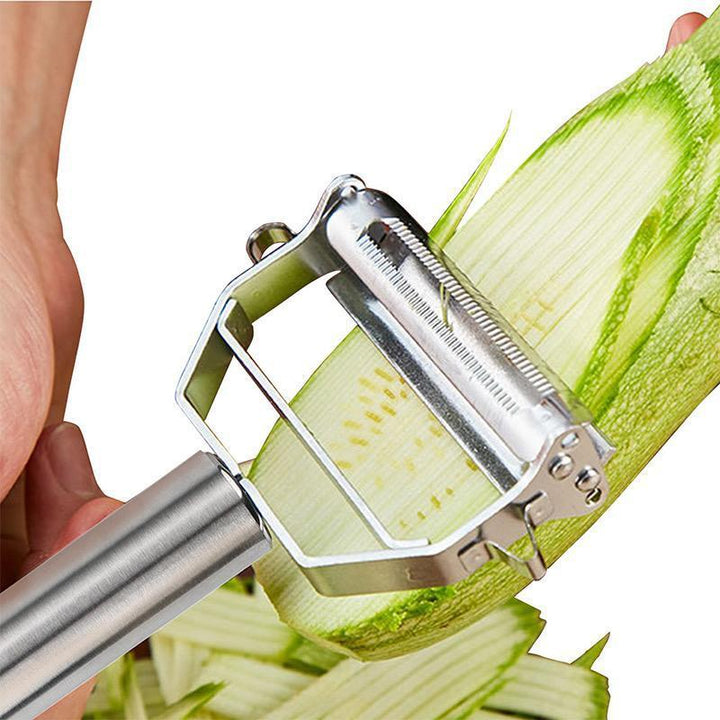 Prep vegetables & fruits with ease using this dual blade peeler & julienne slicer. Safe, ergonomic, stainless steel.