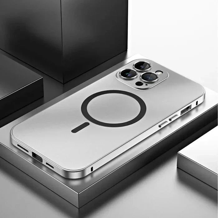 Metal MagSafe iPhone case with open ports, demonstrating full accessibility and slim design