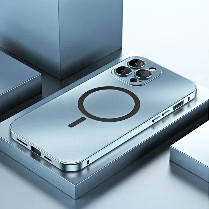 Metal MagSafe case for iPhone, demonstrating its scratch-resistant surface and durability