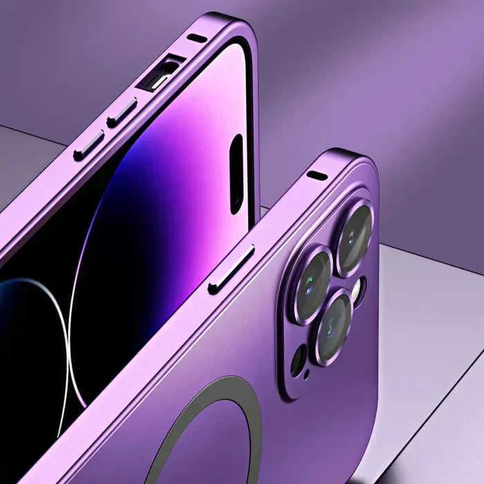 Blue metal MagSafe case for iPhone, combining durability with a slim, protective design