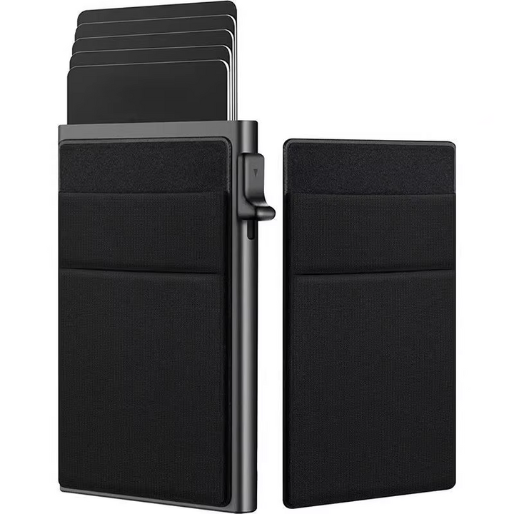 Slim RFID blocking credit card holder, silver metal, minimalist design for men
