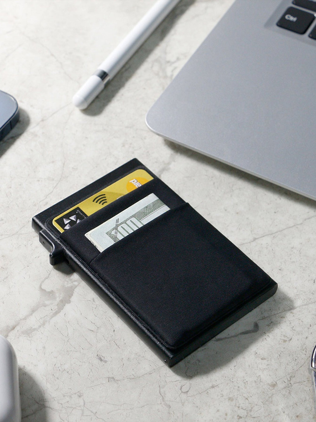 Metal credit card holder, black, with smart RFID blocking for enhanced security