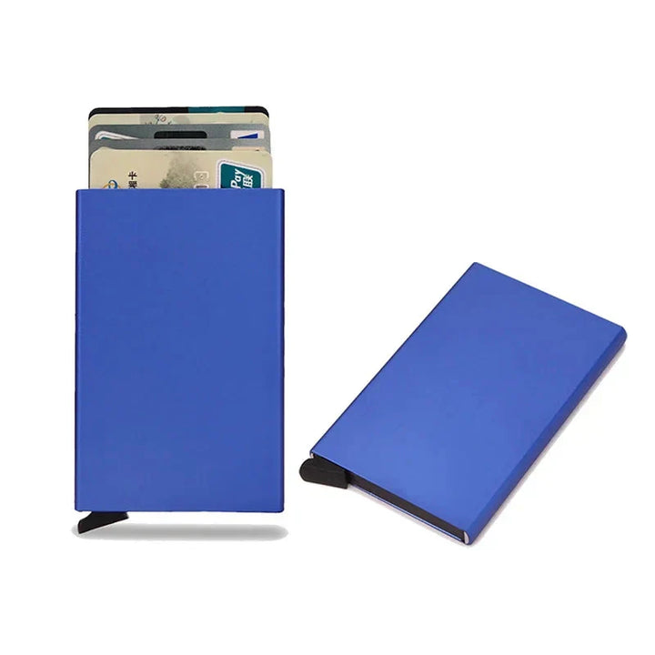 Front view of a minimalist RFID blocking credit card holder in metallic grey