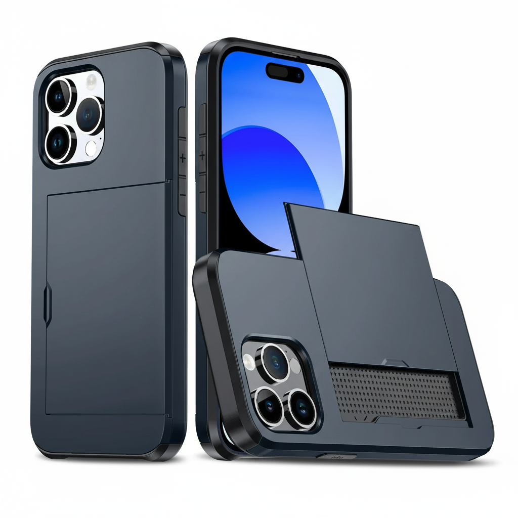Stylish white iPhone shockproof case with card holder. Secure fit and full protection.