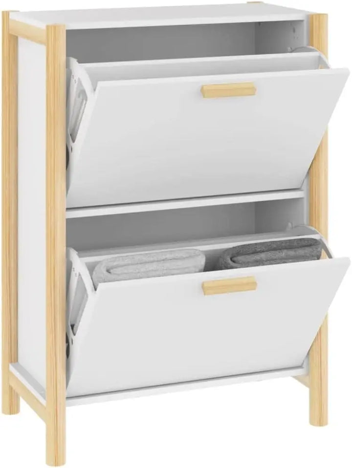 Slim white entryway shoe cabinet by TidyStep with dust-proof doors for space-saving home organization.