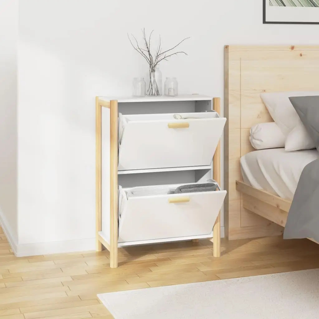 Elegant white dust-proof shoe cabinet for entryway. Slim design provides compact, tidy hallway storage.
