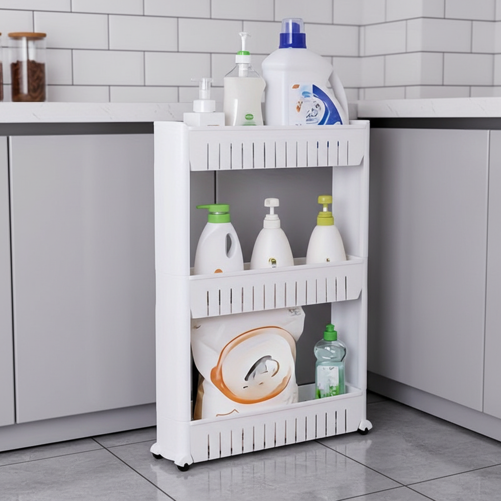 SlimGlide rolling storage cart for narrow spaces, a plastic organizer with wheels, perfect for home organization.