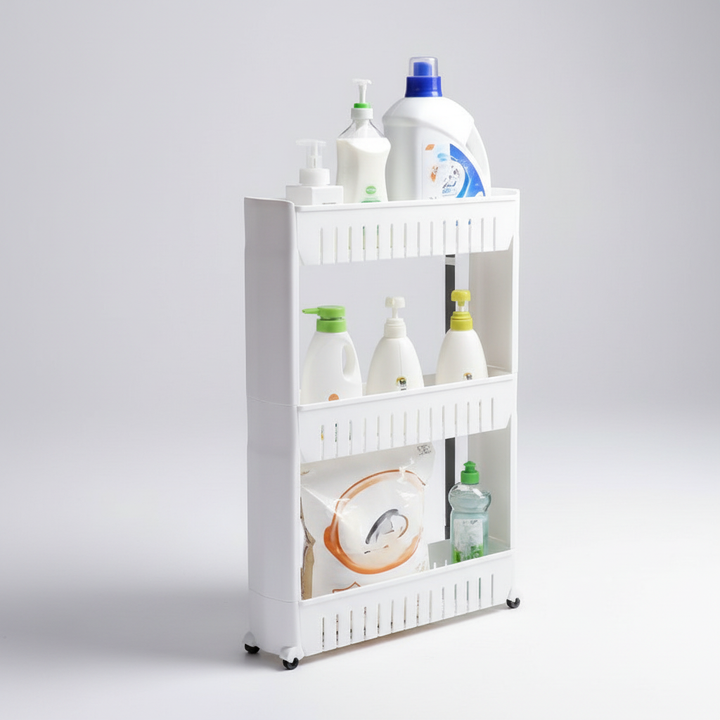 White SlimGlide rolling kitchen storage cart, a slim plastic organizer for spices, oils, or pantry items.