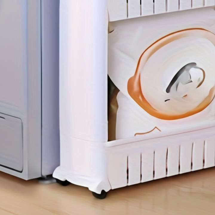 Narrow SlimGlide rolling bathroom storage cart, white plastic utility organizer for toiletries & cleaning supplies.