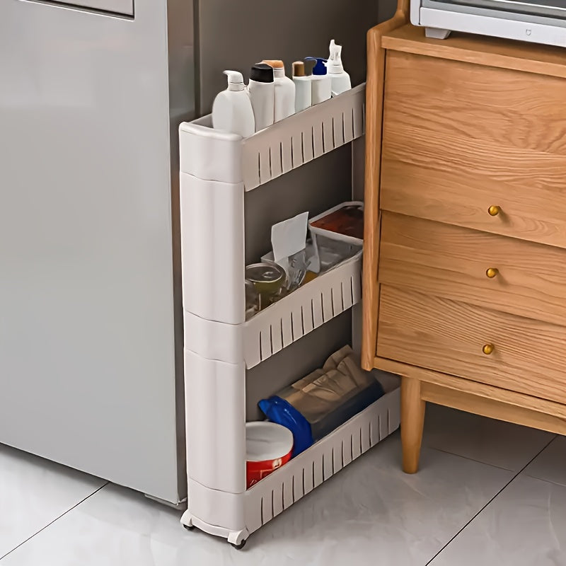 SlimGlide rolling laundry room organizer, a plastic utility cart for detergents & supplies in narrow gaps.