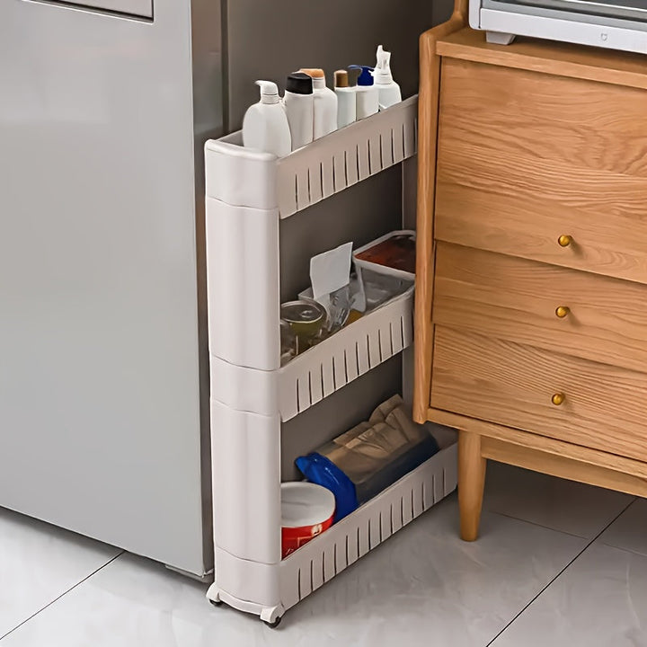 SlimGlide rolling laundry room organizer, a plastic utility cart for detergents & supplies in narrow gaps.