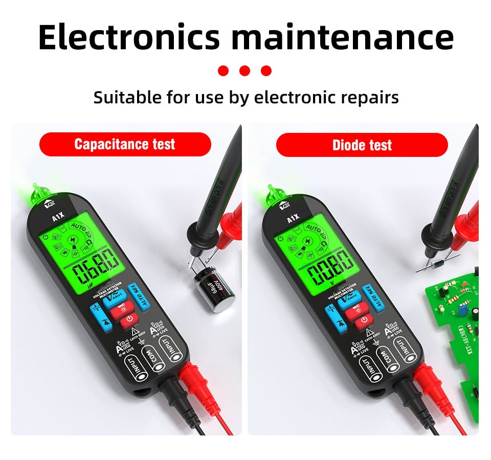 Voltago A1X smart digital multimeter actively measuring voltage in complex electronics circuits.