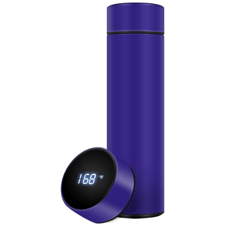 Smart insulated coffee bottle with LED temperature display, keeps your favorite brew hot for extended periods.