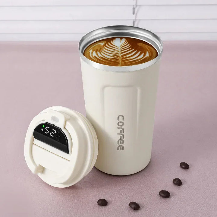 Tech-savvy stainless steel thermo mug, digital display helps maintain ideal drink temperature.