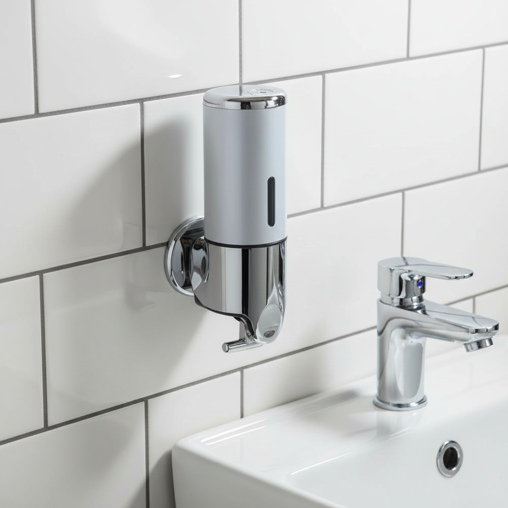 SoapGlide wall mounted liquid soap dispenser, sleek modern design for bathroom hygiene, easy refill.
