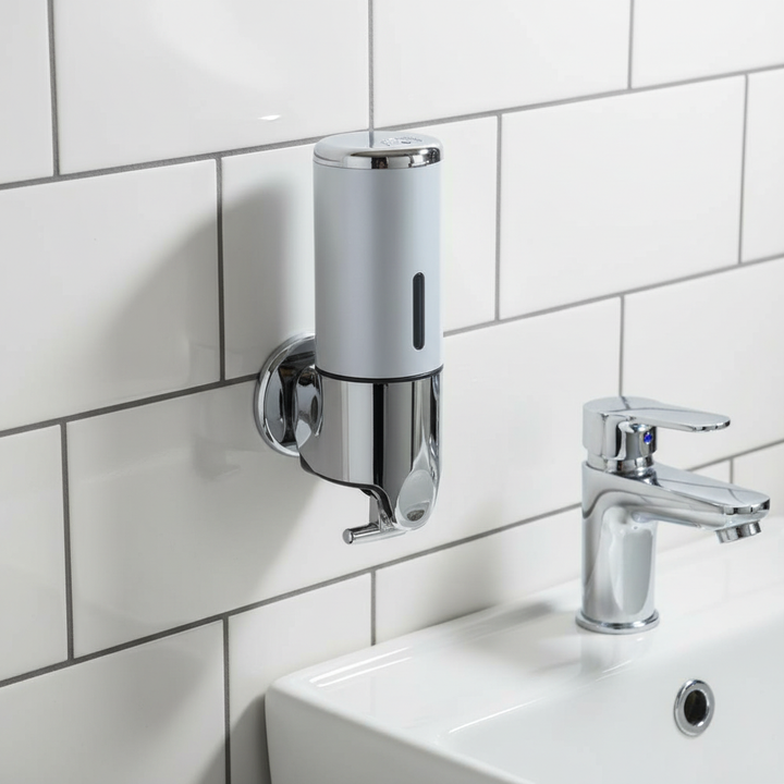 SoapGlide wall mounted liquid soap dispenser, sleek modern design for bathroom hygiene, easy refill.