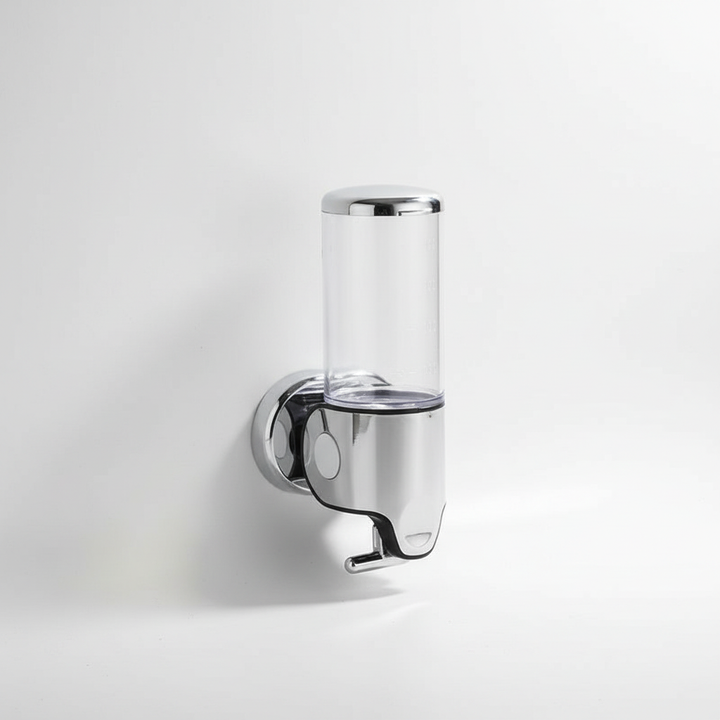Installation view of SoapGlide liquid soap dispenser, highlighting easy wall mounting for home improvement.