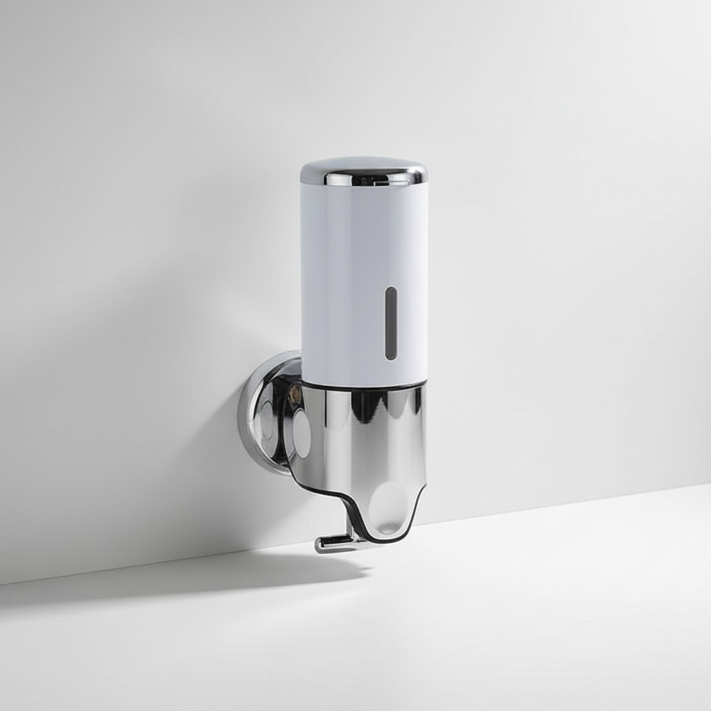 Sleek silver Wall Mounted Liquid Soap Dispenser, enhancing bathroom aesthetics and hygiene.