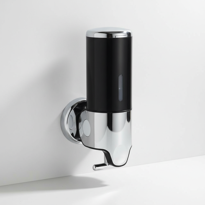SoapGlide dispenser from the side, emphasizing its slim profile and modern design for liquid soap.