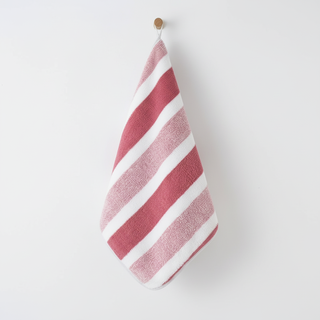 Close-up of fluffy coral fleece striped towel, showcasing softness and absorbency, quick dry