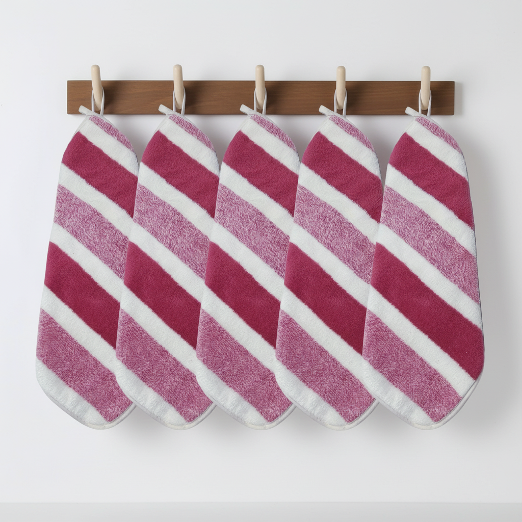 Arrangement of assorted soft striped fleece towels, emphasizing the 5-piece bathroom set