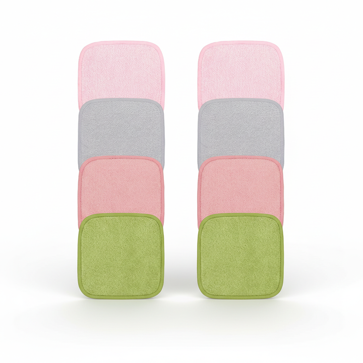 Set of reusable bamboo cleansing pads in various sizes, perfect for an eco-friendly and complete facial care routine.