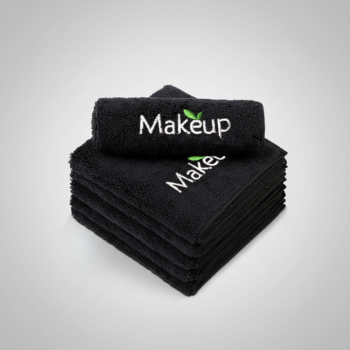 Reusable black microfiber face towel, designed for effective makeup removal and gentle facial cleansing.