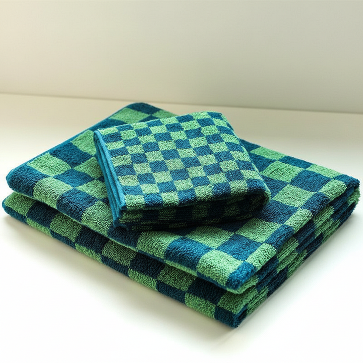 Close-up of a luxurious checkerboard cotton towel, emphasizing the soft texture and absorbent loops.