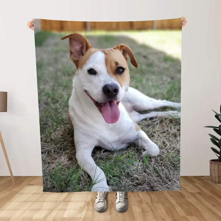 Soft custom fleece photo blanket, personalized with cherished family memories. A unique pet or family gift keepsake.