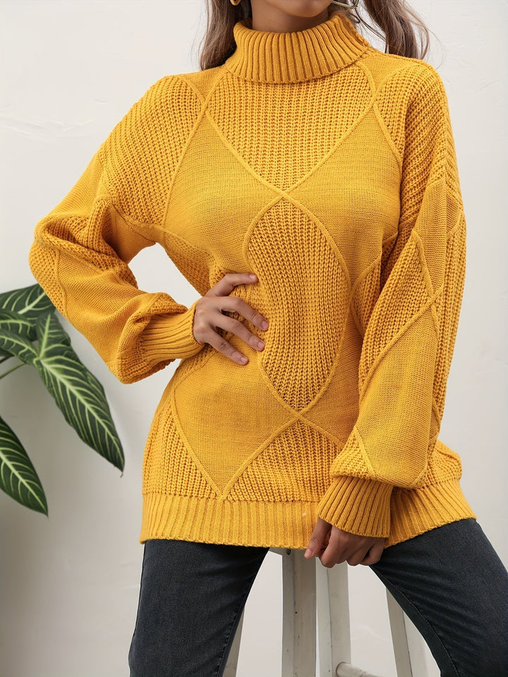 Trendy gray women's knitted turtleneck sweater, soft and warm. Essential knitwear for autumn & winter comfort.