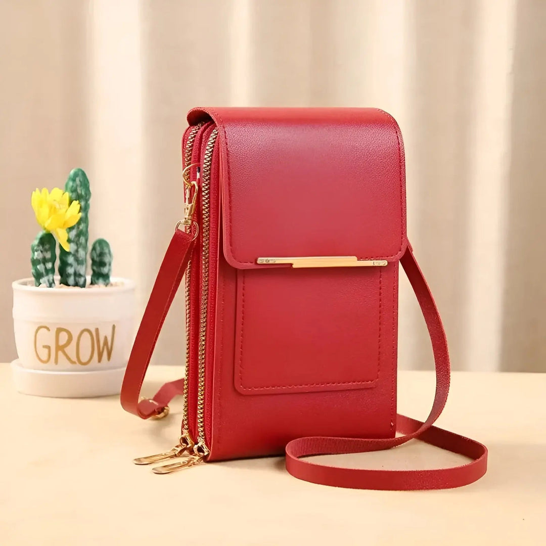 Woman comfortably wearing soft leather anti-theft shoulder bag; stylish daily accessory.