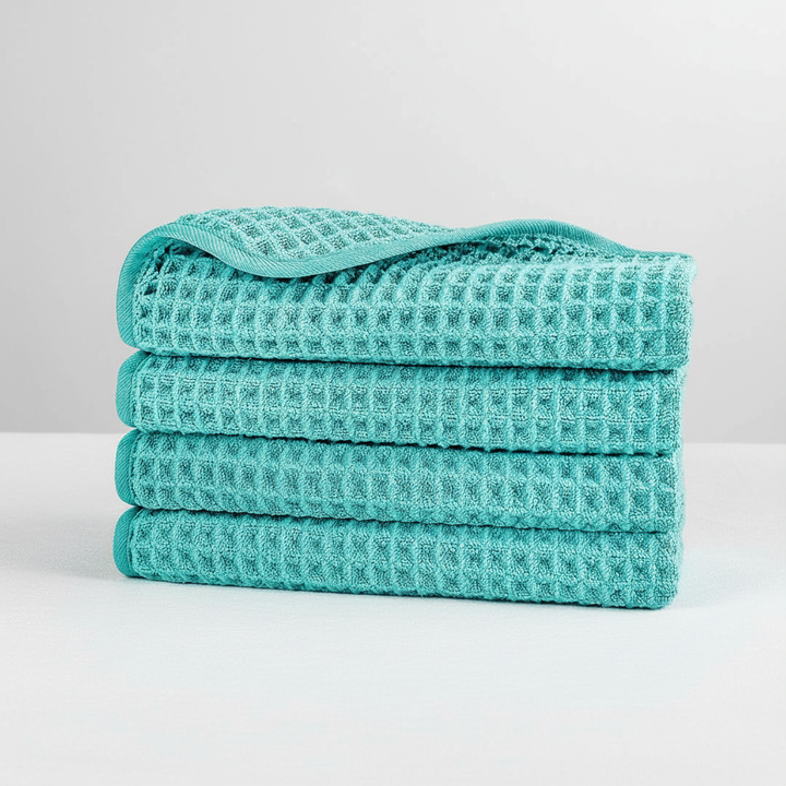 Stack of folded `WaffleWash` microfiber washcloths, highlighting the waffle texture and quick-dry feature