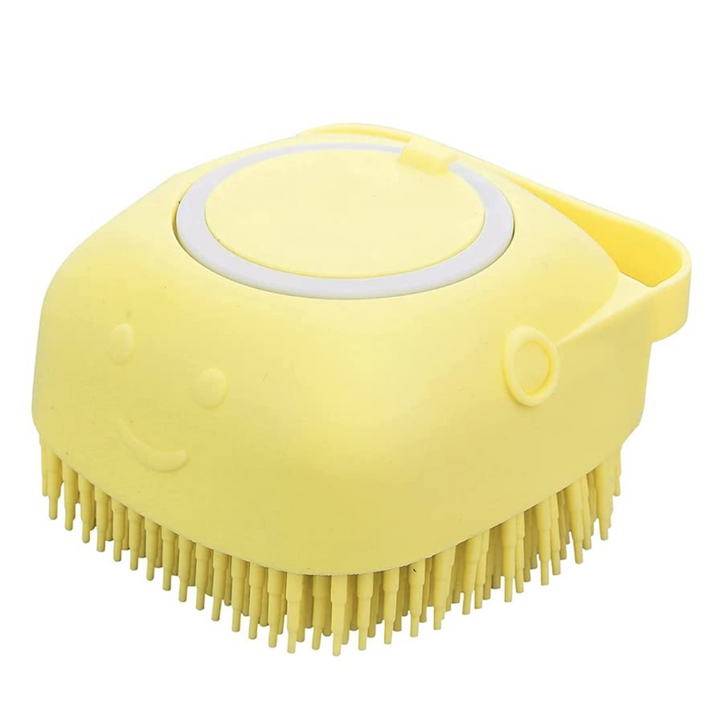 Ergonomic pet bath brush with dispenser, ideal for dog grooming and cat grooming during bath time