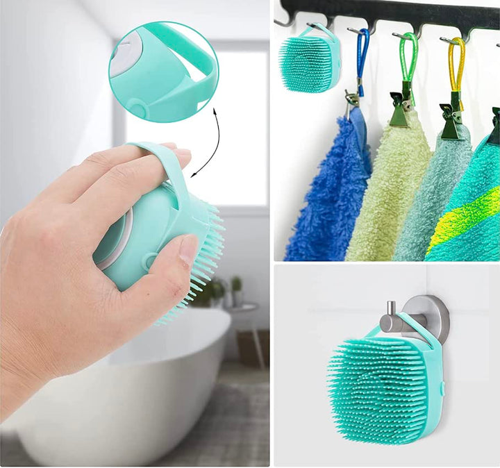 Blue soft-bristled silicone brush for pet bathing and grooming, suitable for all pet sizes