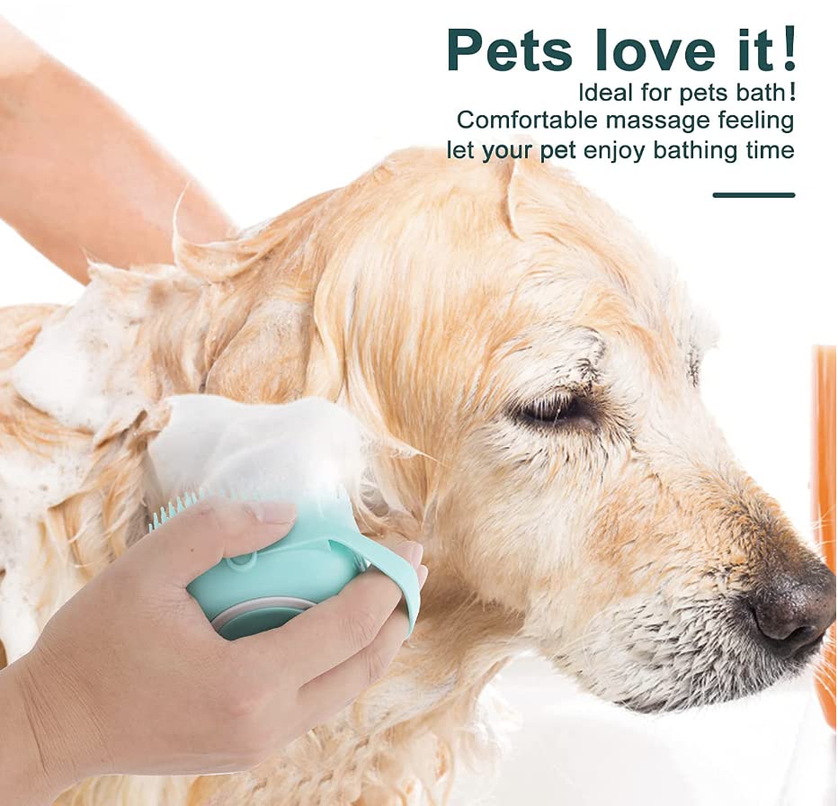 Pet grooming bath brush with convenient soap dispenser, making dog and cat washing effortless