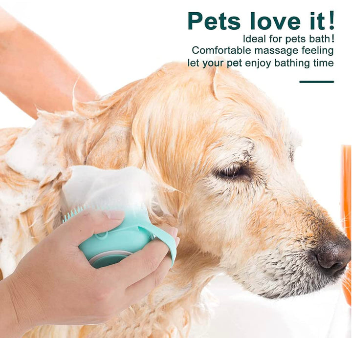 Pet grooming bath brush with convenient soap dispenser, making dog and cat washing effortless