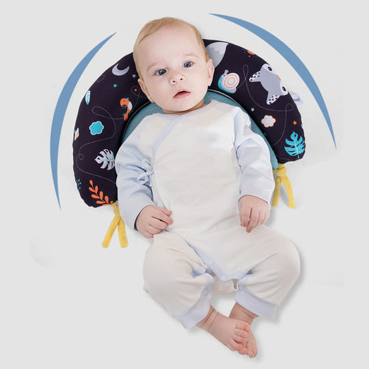 Adorable Snuglo tummy time pillow with fox & rabbit designs, supporting baby's head and neck development.