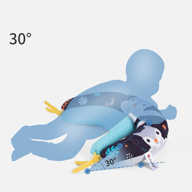 Multifunctional Snuglo tummy time pillow aids baby's motor skills & sensory development during play.