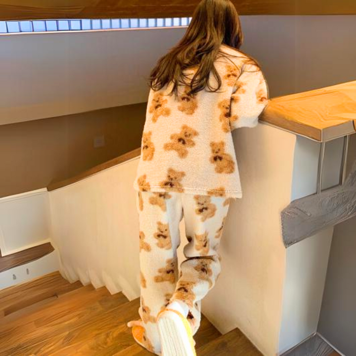 Comfortable women's velvet pajama set with an adorable bear print, perfect for cozy nights & cute sleepwear.