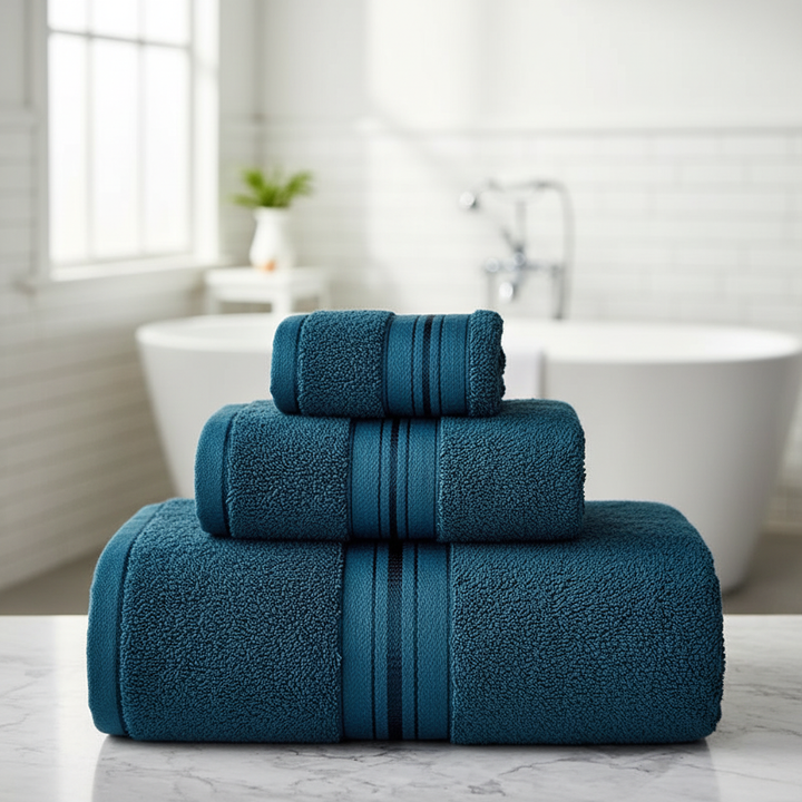 Soft white cotton towel set, absorbent bath and hand towels with washcloth, ideal for bathroom decor