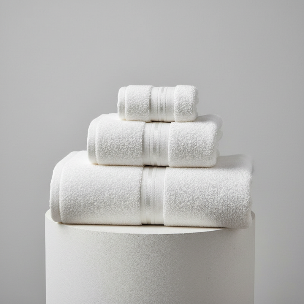 Absorbent soft cotton towel set in a serene bathroom setting, enhancing bathroom decor and comfort